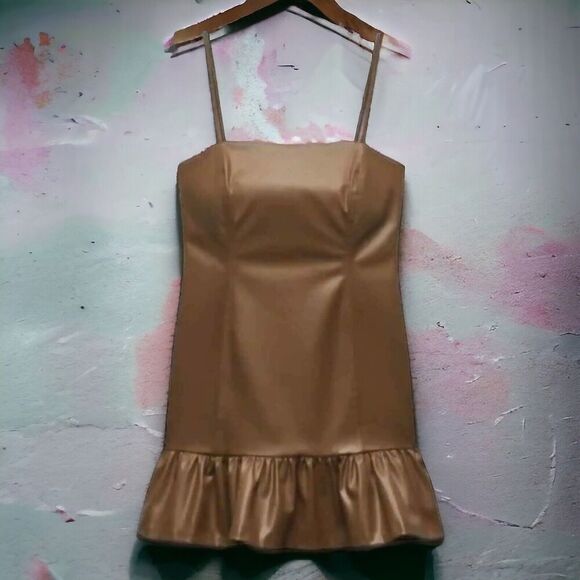 Zara Dress WMNS S Brown Faux Leather Bodycon Mini Ruffle Party Liquid Sexy‎ Club - Picture 1 of 11